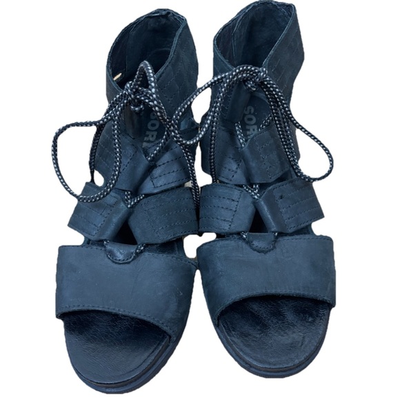 Sorel Joanie II Lace-Up Black Leather Wedge Sandals Womens Sz 10 Nubuck Leather - Picture 3 of 8
